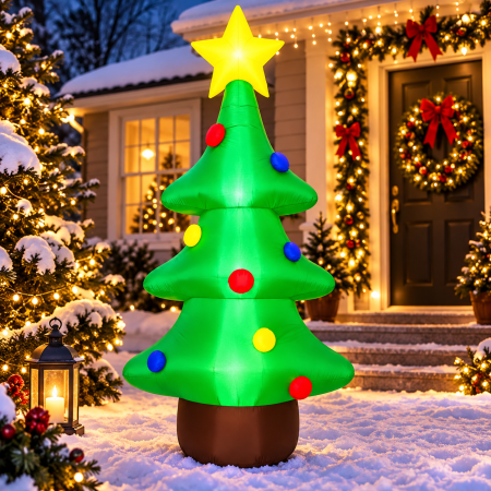 Figurine Craciun - Brad gonflabil de exterior decor de Craciun, iluminare LED, compresor integrat, 125 cm, verde
