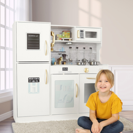 Bucatarie copii din lemn cu frigider, accesorii si electrocasnice grafice, 80x24x80 cm, alb [8]