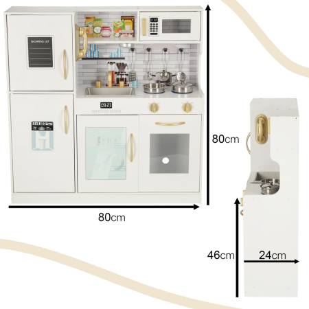 Bucatarie copii din lemn cu frigider, accesorii si electrocasnice grafice, 80x24x80 cm, alb [5]