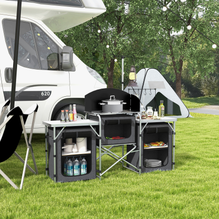  Bucatarie de Camping Pliabila cu 3 Blaturi, 5 Rafturi Interne si 4 Carlige, 172x48x119 cm, Negru [1]