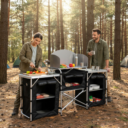 Bucatarie de camping pliabila cu 3 blaturi, cadru aluminiu, portabila pentru exterior, 175x40x111 cm [2]