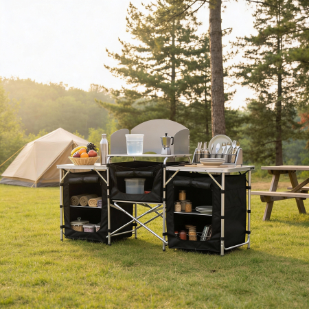 Bucatarie de camping pliabila cu 3 blaturi, cadru aluminiu, portabila pentru exterior, 175x40x111 cm [3]