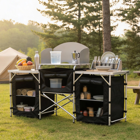 Gradina & balcon - Bucatarie de camping pliabila cu 3 blaturi, cadru aluminiu, portabila pentru exterior, 175x40x111 cm