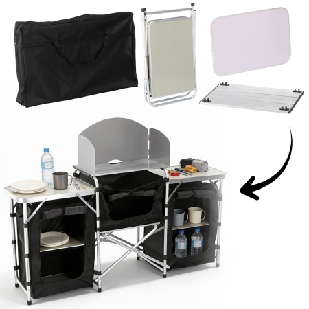 Bucatarie de camping pliabila cu 3 blaturi, cadru aluminiu, portabila pentru exterior, 175x40x111 cm [1]