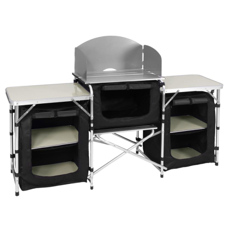 Bucatarie de camping pliabila cu 3 blaturi MDF, cadru aluminiu, portabila pentru exterior, 175x45x110 cm, gri [36]