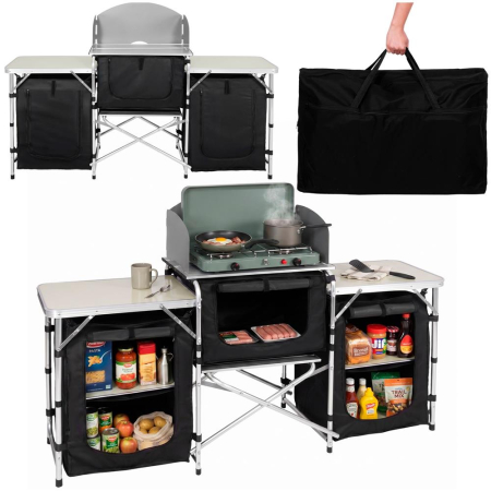 Bucatarie de camping pliabila cu 3 blaturi MDF, cadru aluminiu, portabila pentru exterior, 175x45x110 cm, gri [4]