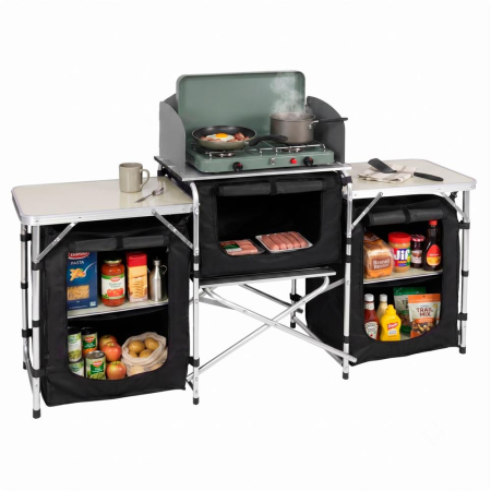 Bucatarie de camping pliabila cu 3 blaturi MDF, cadru aluminiu, portabila pentru exterior, 175x45x110 cm, gri [31]