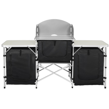 Bucatarie de camping pliabila cu 3 blaturi MDF, cadru aluminiu, portabila pentru exterior, 175x45x110 cm, gri [10]