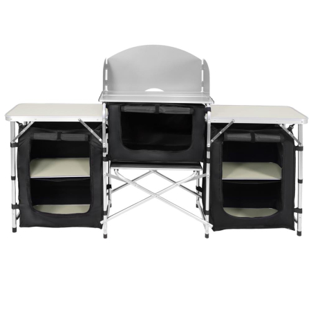 Bucatarie de camping pliabila cu 3 blaturi MDF, cadru aluminiu, portabila pentru exterior, 175x45x110 cm, gri [9]