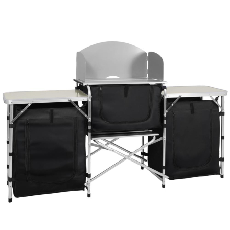 Bucatarie de camping pliabila cu 3 blaturi MDF, cadru aluminiu, portabila pentru exterior, 175x45x110 cm, gri [32]