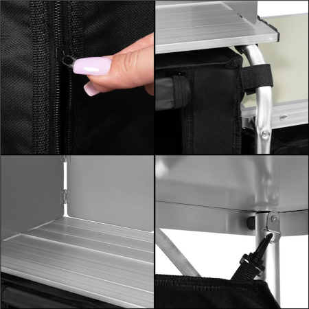 Bucatarie de camping pliabila cu 3 blaturi MDF, cadru aluminiu, portabila pentru exterior, 175x45x110 cm, gri [6]