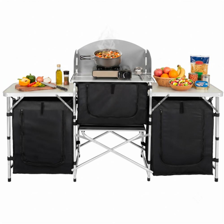 Bucatarie de camping pliabila cu 3 blaturi MDF, cadru aluminiu, portabila pentru exterior, 175x45x110 cm, gri [8]