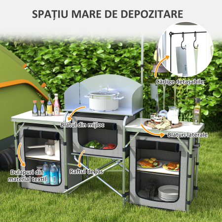  Bucatarie de Camping Pliabila cu 3 Niveluri, 5 Rafturi Interioare si 4 Carlige, 172x48x119 cm, Gri si Argintiu [3]