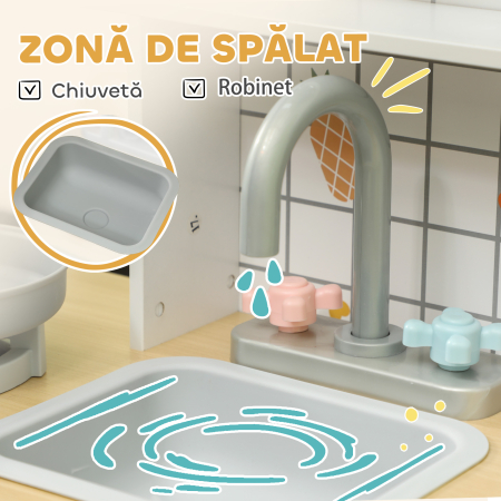  Bucatarie de Jucarie pentru Copii 3+ Ani din Lemn, Aragaz Interactiv, Cuptor si Masina de Cafea, Alb [7]