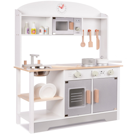 Dormitor & birou - Bucatarie din lemn pentru copii cu accesorii, MDF si lemn, 68x25x82 cm, gri si alb