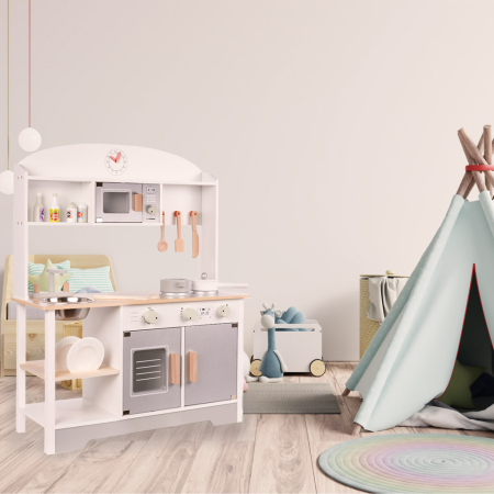 Bucatarie din lemn pentru copii cu accesorii, MDF si lemn, 68x25x82 cm, gri si alb [13]