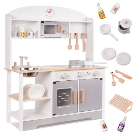 Bucatarie din lemn pentru copii cu accesorii, MDF si lemn, 68x25x82 cm, gri si alb [1]