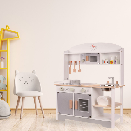 Bucatarie din lemn pentru copii cu accesorii, MDF si lemn, 68x25x82 cm, gri si alb [15]