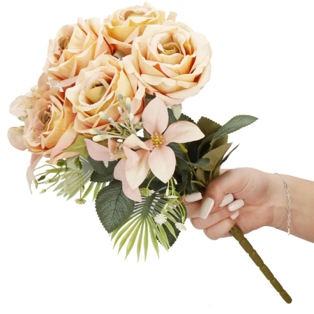 Buchet de flori artificiale din poliester, 9 fire trandafiri, 40cm, roz [1]