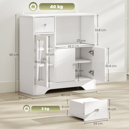  Bufet cu Compartiment Deschis, Sertar, 3 Rafturi si Dulap cu 2 Usi, din Lemn, 80x30x82 cm, Alb [2]