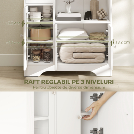  Bufet cu Compartiment Deschis, Sertar, 3 Rafturi si Dulap cu 2 Usi, din Lemn, 80x30x82 cm, Alb [4]