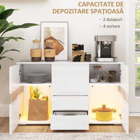  Bufet cu Lumini LED Reglabile prin Telecomanda, Mobilier de Sufragerie cu 4 Sertare si 2 Dulapuri, 120x34x70 cm, Alb [3]