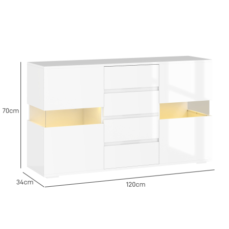  Bufet cu Lumini LED Reglabile prin Telecomanda, Mobilier de Sufragerie cu 4 Sertare si 2 Dulapuri, 120x34x70 cm, Alb [2]