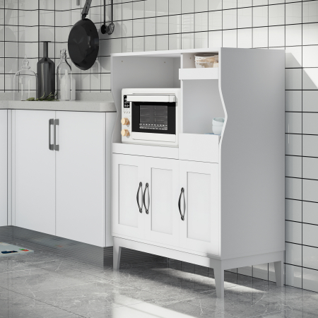  Bufet de Bucatarie cu 2 Dulapuri, Sertar si Rafturi Extensibile pentru Cuptor cu Microunde, 84x39x109 cm, Alb [1]