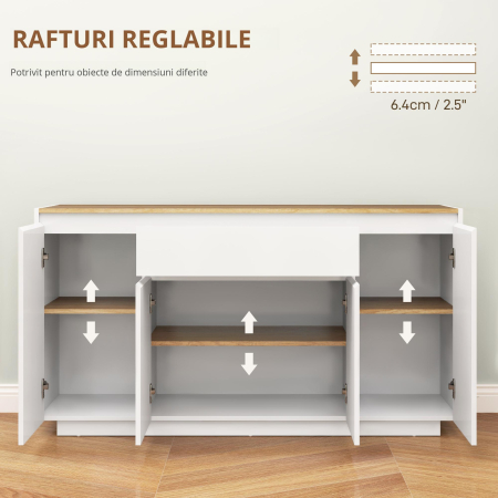  Bufet de Bucatarie cu 3 Dulapuri si 4 Usi cu ichidere Lina, Mobilier Modern cu Sertar, 140x40x75 cm, Alb [6]