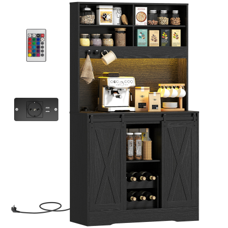 Bucatarie -  Bufet de Bucatarie cu Suport pentru Sticle, Priza si Iluminare LED, Negru
