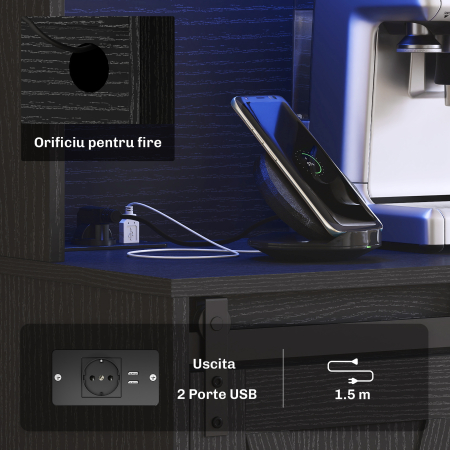  Bufet de Bucatarie cu Suport pentru Sticle, Priza si Iluminare LED, Negru [4]