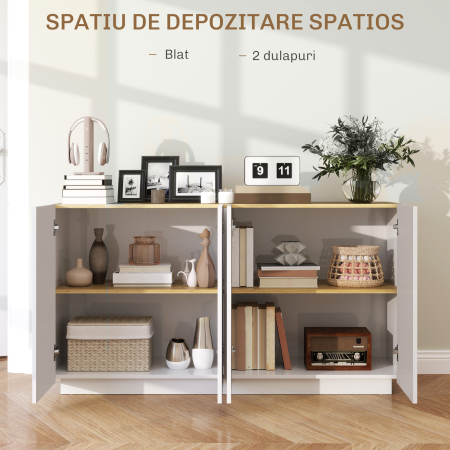  Bufet de Bucatarie cu Usi Amortizate si Rafturi Reglabile, pentru Sufragerie sau Living, 140x40x75 cm, Alb Lucios [3]