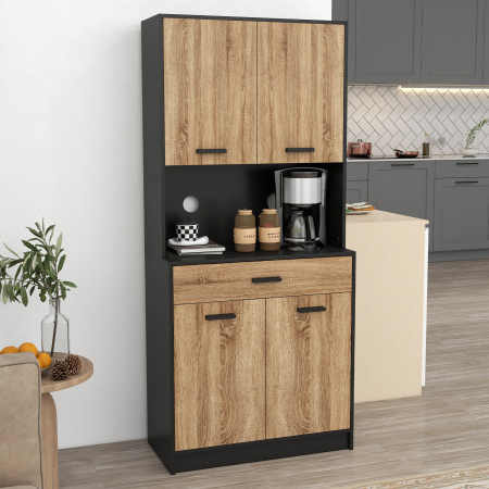  Bufet de Bucatarie din Lemn cu 2 Dulapuri cu Usi Duble si Sertar, 80x40x180 cm, Negru si culoare Lemn [1]