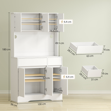  Bufet de Bucatarie Modern cu 4 Dulapuri, 2 Sertare si Rafturi Reglabile, 100x38x180 cm, Alb [2]