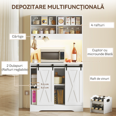  Bufet de Bucatarie Rustic 180cm, Dulap cu Priza de incarcare, Lumini LED, Suport pentru Sticle, Blat pentru Cuptor, Rafturi Deschise, Usi Glisante, Orificiu pentru Cabluri, Alb [3]