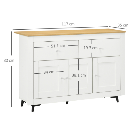  Bufet din Lemn cu 2 Sertare si 2 Dulapuri, 117x35x80 cm, Alb si Finisaj Lemn [2]