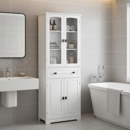  Bufet inalt pentru bucatarie cu 2 dulapuri si sertar, usi din sticla si rafturi reglabile, 60x30x160cm, alb [7]