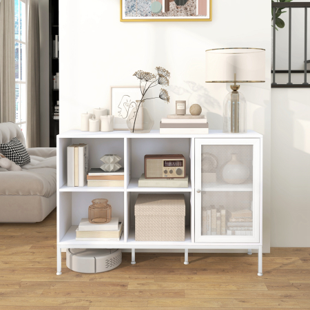  Bufet Mobil cu 4 Rafturi Deschise si Dulap, din PAL si Otel, 120x37x81.5 cm, Alb [7]