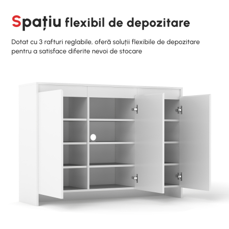  Bufet Modern cu 12 Rafturi Interioare  din PAL pentru Bucatarie, Sufragerie si Hol, 120x35x85 cm, Alb [3]