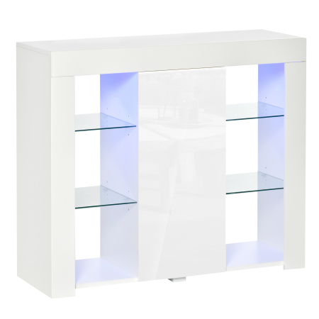 Bucatarie -  Bufet Modern cu Usa si lumini LED cu Finisaj Lucios si Rafturi din Sticla