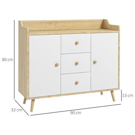  Bufet Modern din PAL si Lemn de di Pin cu 3 Sertare si 2 Dulapioare cu 2 Niveluri, 90x32x80 cm, Alb si Lemn Natur [2]