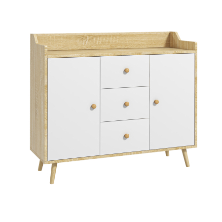 Bucatarie -  Bufet Modern din PAL si Lemn de di Pin cu 3 Sertare si 2 Dulapioare cu 2 Niveluri, 90x32x80 cm, Alb si Lemn Natur