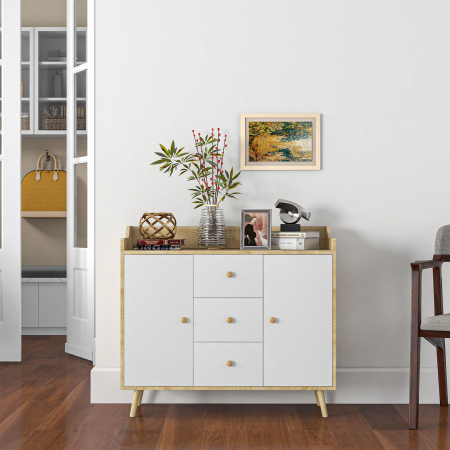  Bufet Modern din PAL si Lemn de di Pin cu 3 Sertare si 2 Dulapioare cu 2 Niveluri, 90x32x80 cm, Alb si Lemn Natur [6]