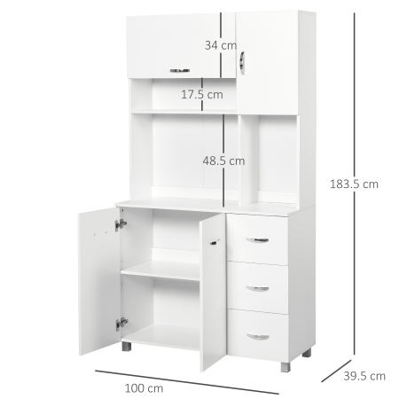  Bufet Modern pentru Bucatarie cu Sertare, Dulapuri si Rafturi Deschise, 100x39.5x183.5cm, Alb [2]