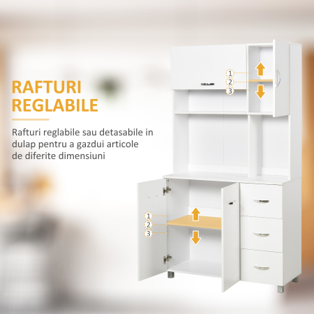  Bufet Modern pentru Bucatarie cu Sertare, Dulapuri si Rafturi Deschise, 100x39.5x183.5cm, Alb [5]