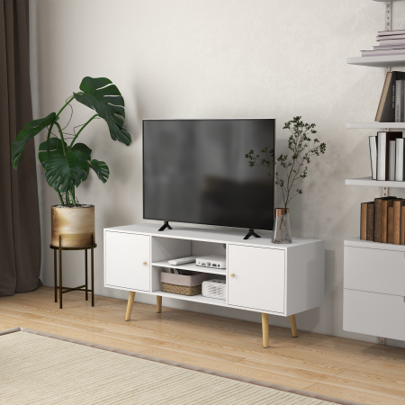  Cabinet TV 55" cu 2 Dulapuri, Usi si 2 Rafturi Deschise, Consola TV din Lemn si PAL, 120x34x50 cm, Alb [1]