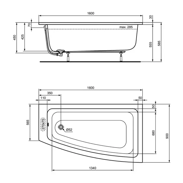 Cada asimetrica Ideal Standard i.life cu montaj dreapta 160X90 cm alb lucios [4]