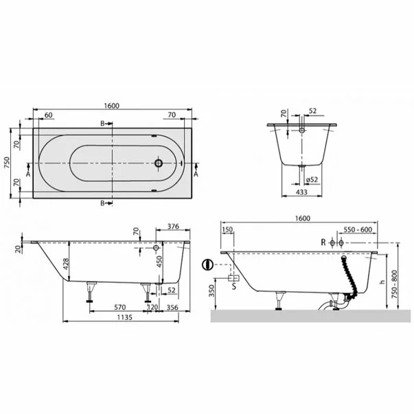 Cada dreptunghiulara compozit Villeroy&Boch Oberon 160x75 cm Quaryl [4]