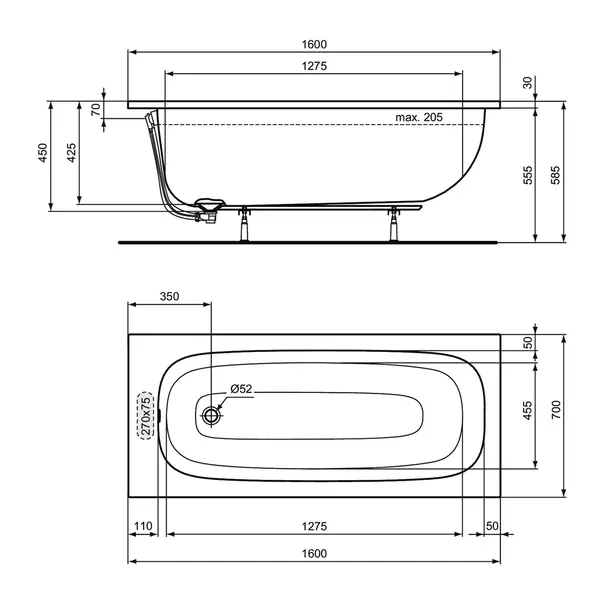 Cada dreptunghiulara Ideal Standard i.life alb lucios 160X70 cm [6]