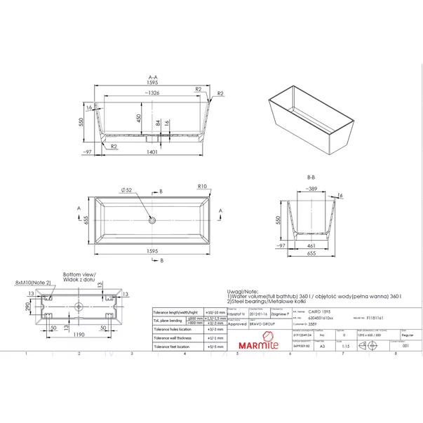 Cada freestanding din compozit Marmite Sky 159x65 cm [4]